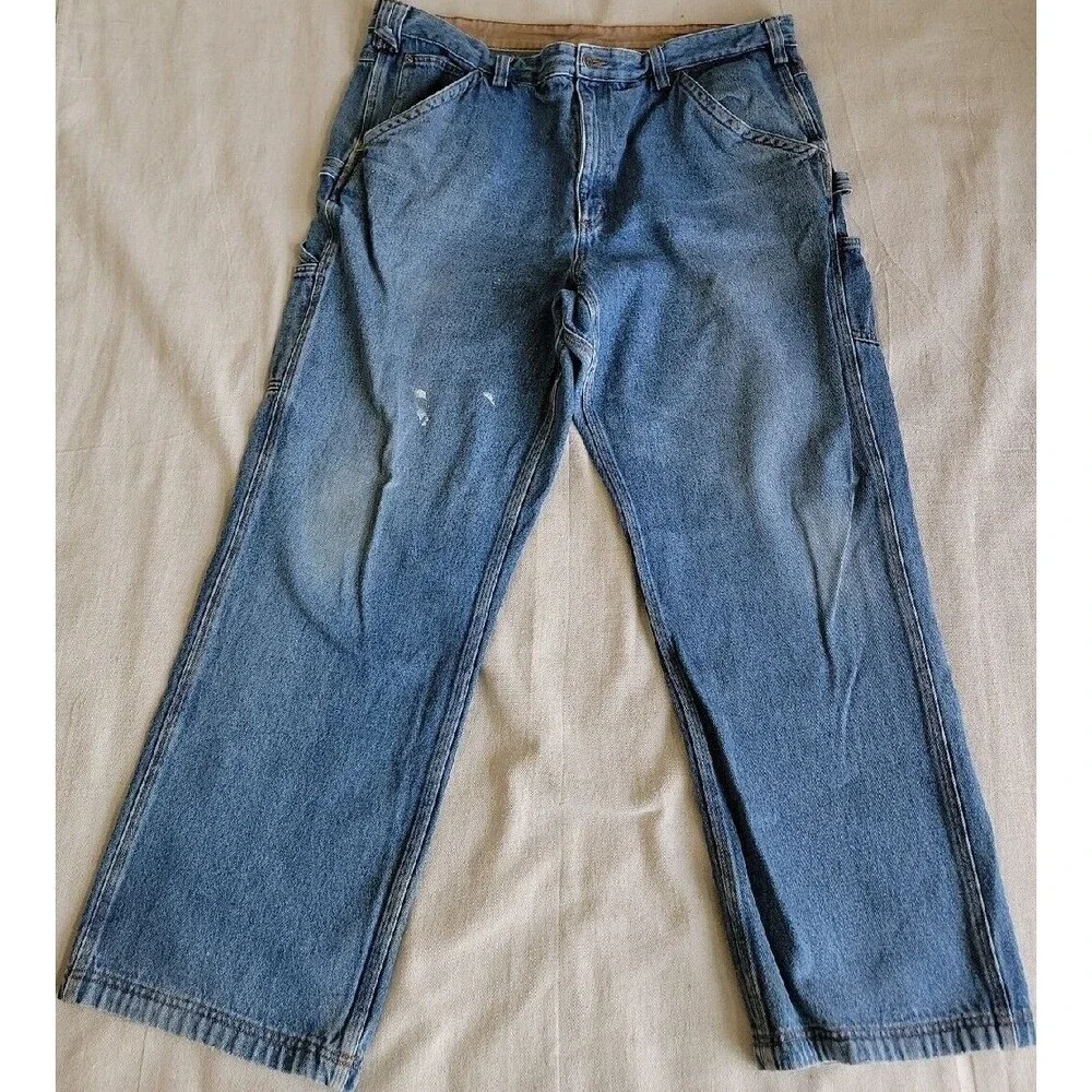 Duluth Mens Jeans 42x30 High Rise Medium Blue‎ Farmer Work Spatter Paint READ